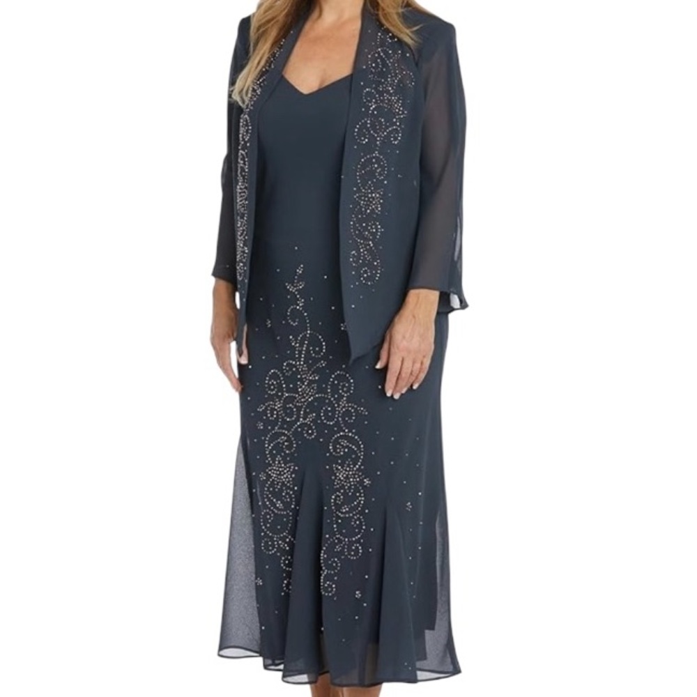 R & M Richards Navy Beaded Chiffon Jacket Midi Dress